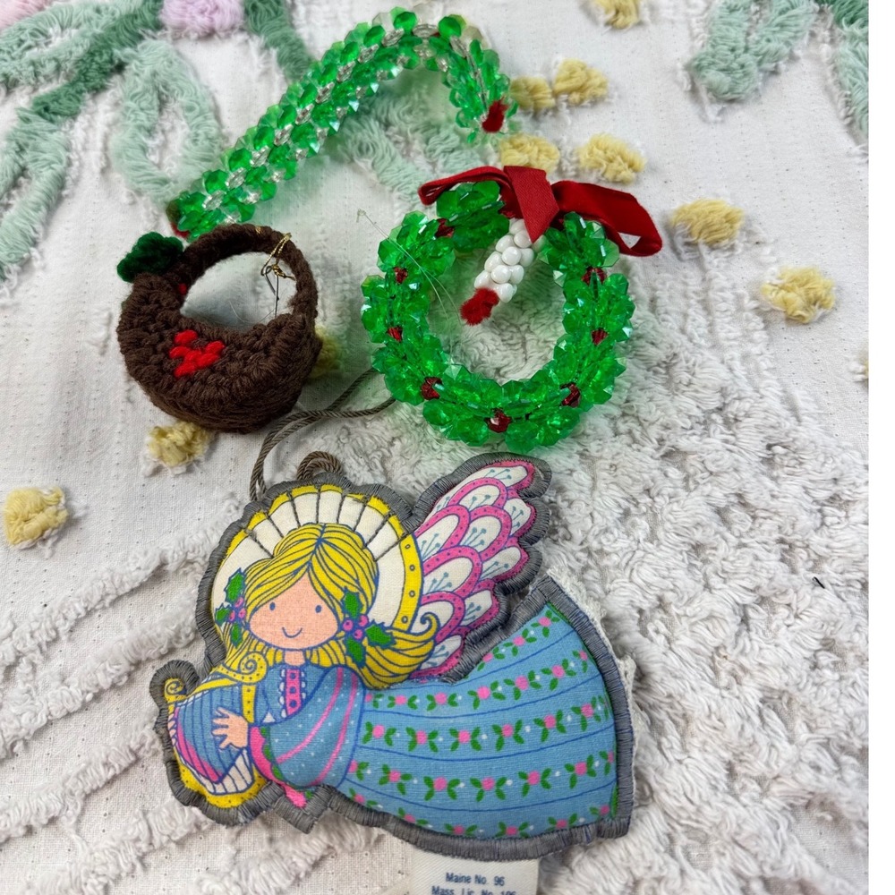 Vintage Christmas Ornament Lot Fabric Angel Beaded Wreath Candy Cane Crochet